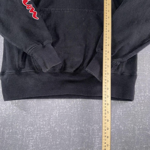 Champion Hoodie Mens Medium Black Reverse Weave Fleece Pullover Logo Sleeve - Picture 5 of 8